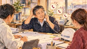 建設会社の事務所で、打ち合わせ中に電話を受けて苦笑いする社長のイラスト