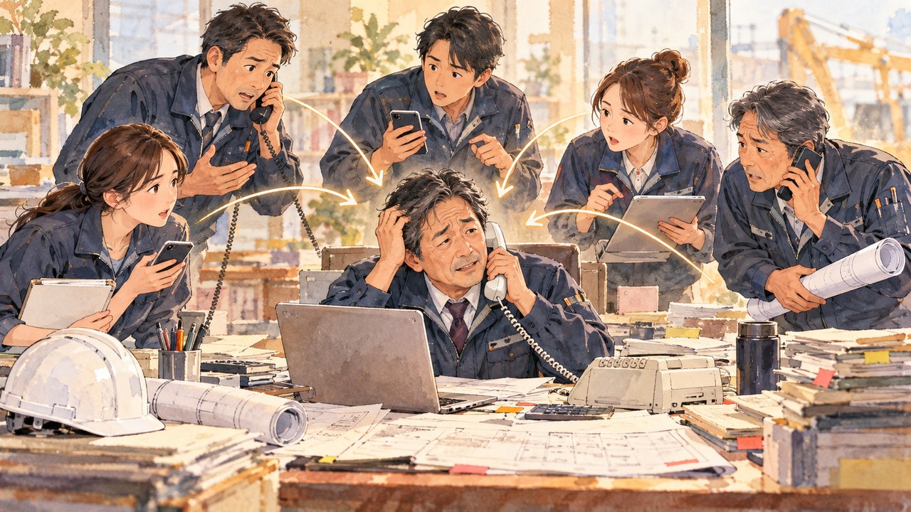 社員が次々と電話で確認を寄せ、書類と電話に囲まれて困り顔の社長を描いたイラスト