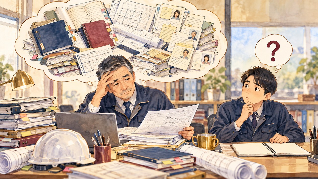社長の頭の中にだけ手順書やメモが詰まり、隣の社員の机には白紙のノートがあるイラスト