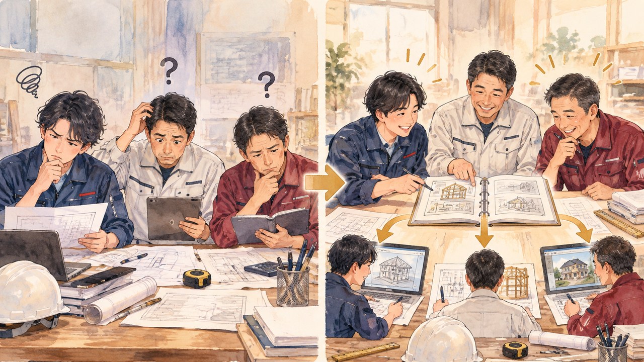 左はやり方がバラバラで首をかしげる社員たち、右は同じ手順書から始めて工夫を加える社員たちを比べたイラスト